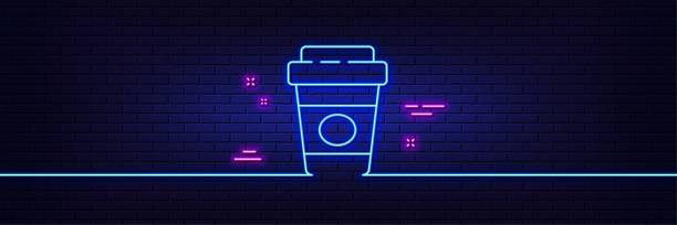 ilustrações de stock, clip art, desenhos animados e ícones de takeaway coffee line icon. hot latte cup sign. tea drink mug. neon light glow effect. vector - coffee to go flash