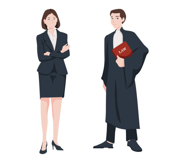 Vector illustration judiciary. Standing woman lawyer or jurist in a skirt and a judge in a robe and with a law in her hand in cartoon style. Vector illustration judiciary. Standing woman lawyer or jurist in a skirt and a judge in a robe and with a law in her hand in cartoon style. lawyer cartoon stock illustrations