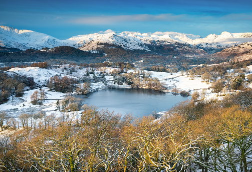 Fresh snowfall across a beautiful valley in the Lake District by Loughrigg Tarn, as morning sunlight shines across the land