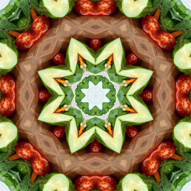 istock kaleidoscope, mandala, abstract pattern of vegetables - cucumbers, tomatoes, greens 1392914480