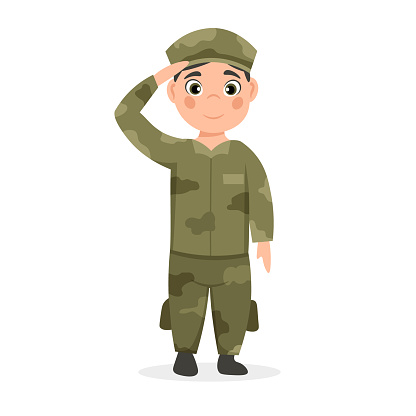Soldier officer in camouflage uniform. Smiling boy in uniform. Cartoon vector illustration.