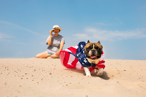 Young woman with her dog at the beach celebrating Independence day