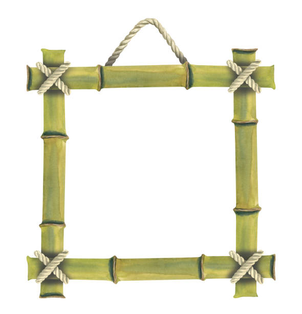istock Watercolor illustration square bamboo frame with jute rope. Dry, brown bamboo, stems. For decoration, decoration, posters, postcards. 1392916370