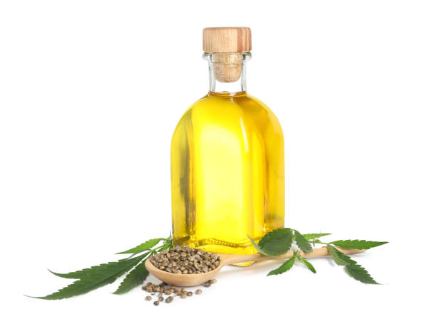 istock Hemp oil, fresh leaves and seeds on white background 1392916588