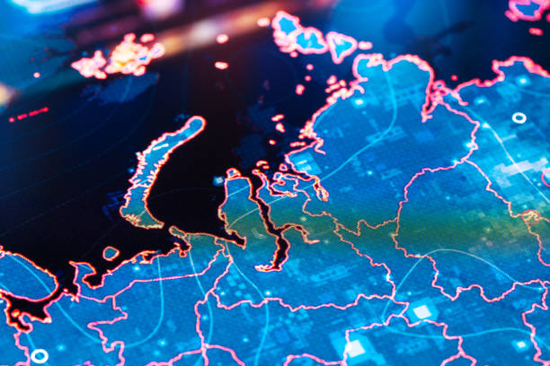 istock Map of Russia on digital display 1392917928