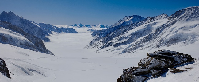 Aletsch Glacier covered with snow seen from Jungfraujoch during winter