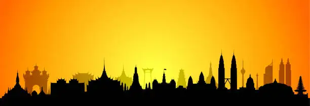 Vector illustration of Southeast Asia Skyline Silhouette (All Buildings Are Detailed, Complete and Moveable)