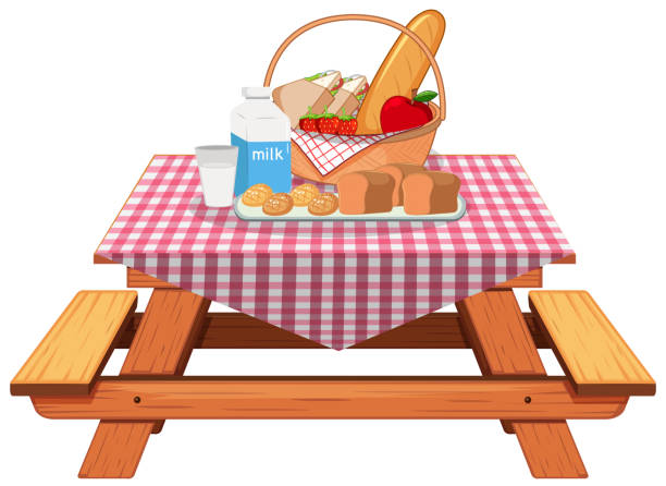 illustrations, cliparts, dessins animés et icônes de repas pique-nique sur fond blanc - table de jardin