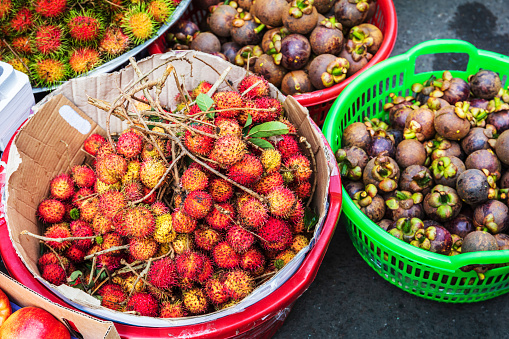 rambutan and other tropical exotic fruits on a street market