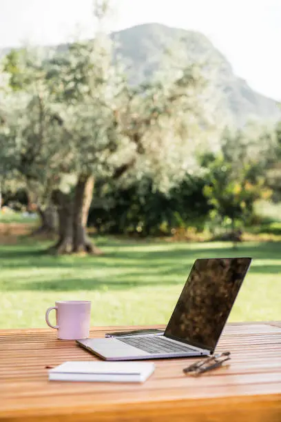 Computer, mug, notebook and glasses on wooden table in a summer garden with mountain in the background