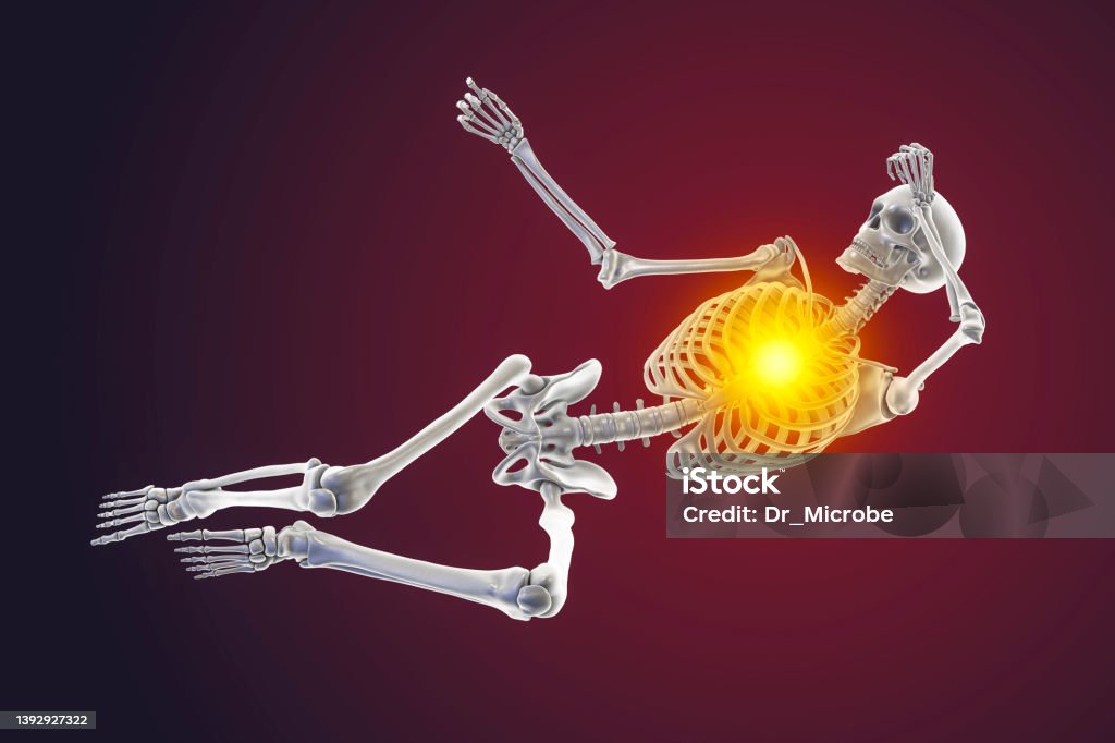 Human skeleton in a bad feeling unconsciousness position, conceptual 3D illustration Human skeleton in a bad feeling unconsciousness position, conceptual 3D illustration. Concept of painful feelings in body, frustration, depression, loneliness, headache, stress Weakness Stock Photo