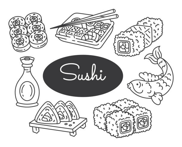 illustrations, cliparts, dessins animés et icônes de un ensemble d’illustrations de sushis, sashimis et makis. cuisine japonaise. doodle, dessin animé. isolé sur fond blanc. - cuisine japonaise