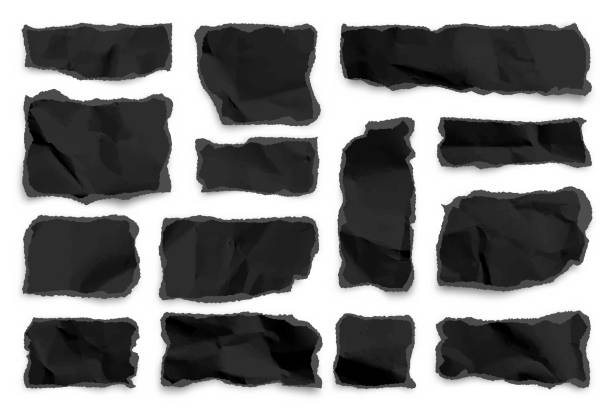 Black ripped paper strips on white background. Realistic crumpled paper scraps with torn edges. Shreds of notebook pages. Vector illustration Black ripped paper strips on white background. Realistic crumpled paper scraps with torn edges. Shreds of notebook pages. Vector illustration. backgrounds scrap metal gray textured stock illustrations