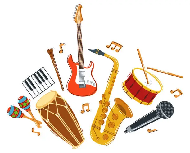 Vector illustration of Jazz music band concept different instruments vector flat illustration isolated on white background, live sound festival or concert, musician different instruments set.