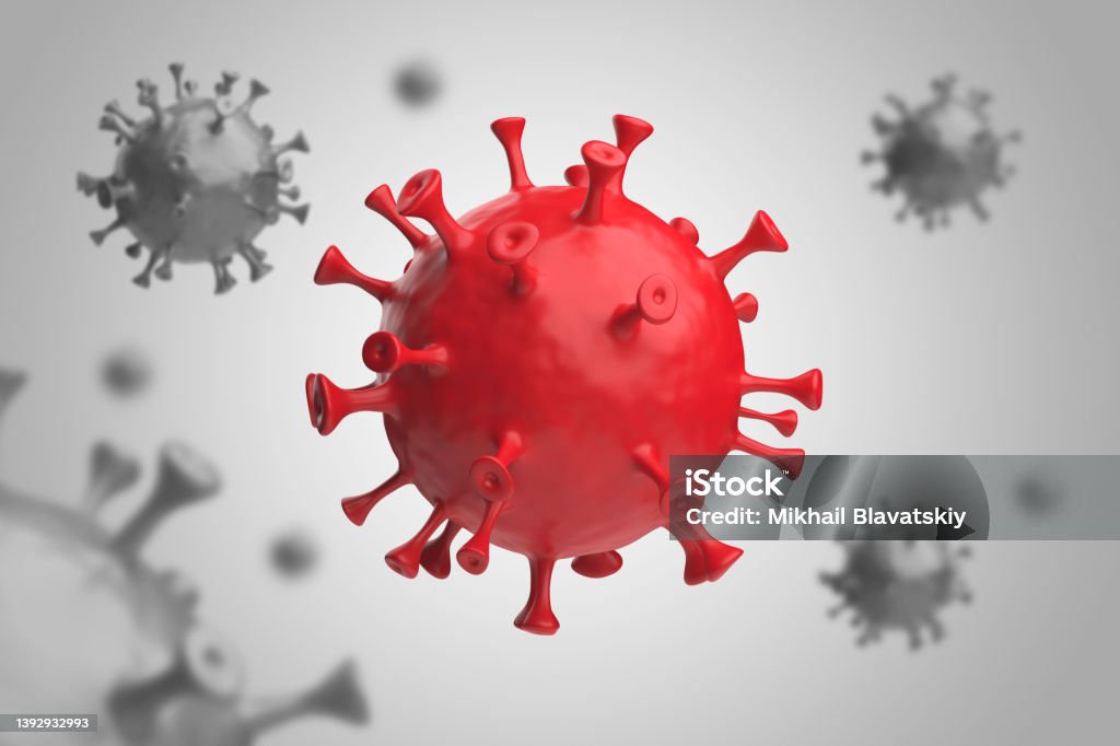 Coronavirus 3d render covid red on grey background. Coronavirus 3d render. Covid red on grey background. SARS-CoV-2 Omicron Variant Stock Photo