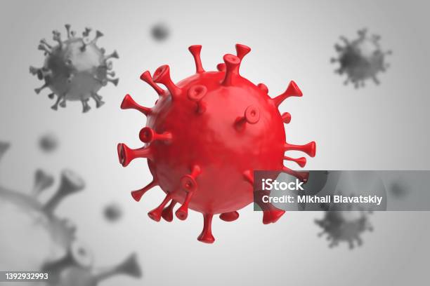 Coronavirus 3d Render Covid Red On Grey Background Stock Photo - Download Image Now