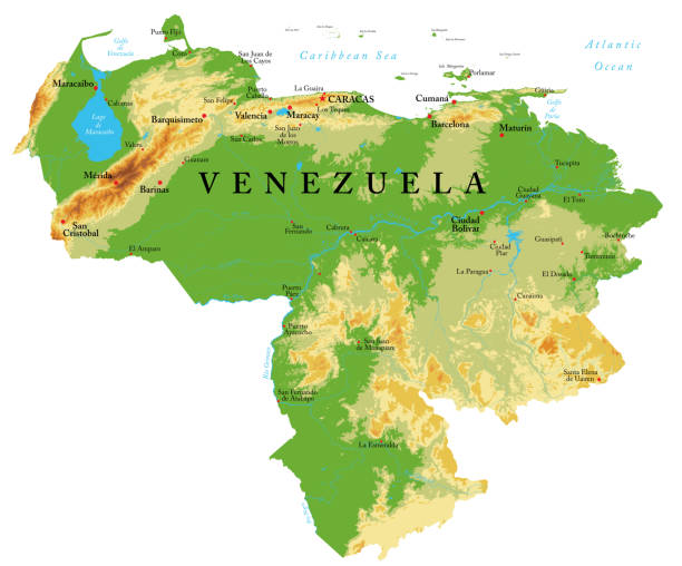 venezuela sehr detaillierte physische karte - orinoco river stock-grafiken, -clipart, -cartoons und -symbole