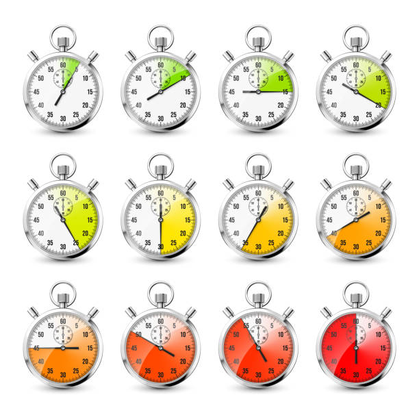 istock Realistic classic stopwatch icons. Shiny metal chronometer, time counter with dial. Red countdown timer showing minutes and seconds. Time measurement for sport, start and finish. Vector illustration 1392933129