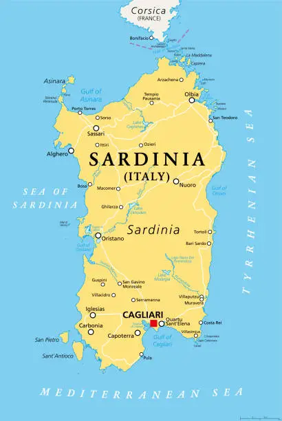 Vector illustration of Sardinia, Italian island, political map with capital Cagliari