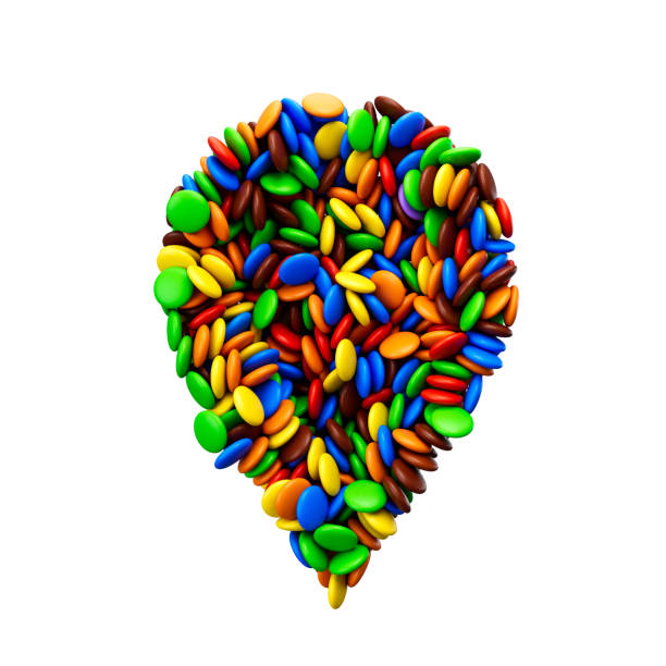Thirty pieces candy in six vertical rows.  White background with shadow.