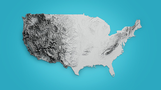 USA Relief map of Colored according to terrain on Blue Isolated Background 3d illustration