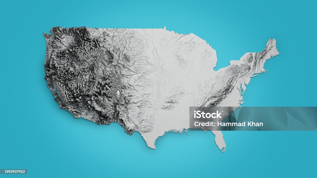 USA Relief map of Colored according to terrain on Blue Isolated Background 3d illustration USA Stock Photo
