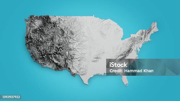 Usa Relief Map Of Colored According To Terrain On Blue Isolated Background 3d Illustration Stock Photo - Download Image Now