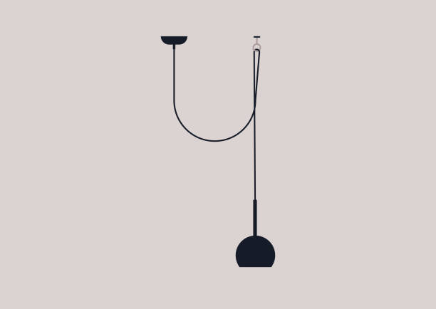 простая лампа лофт на длинной проволоке, свисающей с потолка - steel cable power bright technology stock illustrations
