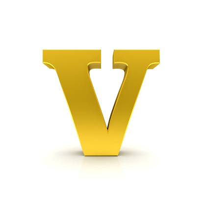 V letter golden sign 3d rendering