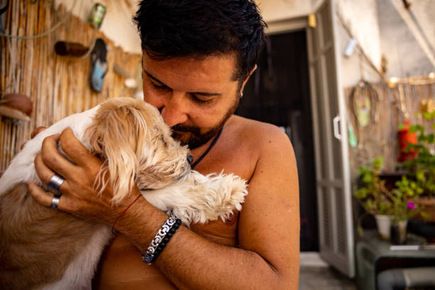 istock Man kissing his cute dog 1392942305
