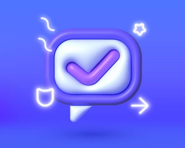 istock 3D check mark neon for paper design. Check mark speech bubble in cartoon style on blue background. Vector certificate icon. Tick icon. Isolated vector illustration 1392945538