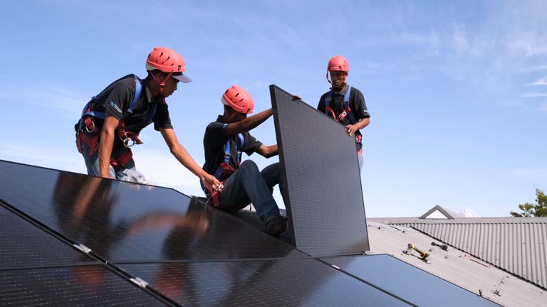 Installing and connecting solar panels on the roof of a house