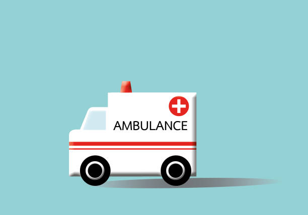 파스텔 블루 배경에 그림자가있는 흰색 구급차 자동차. 지원 또는 건강 관리 개념. - ambulance mini van speed emergency sign stock illustrations