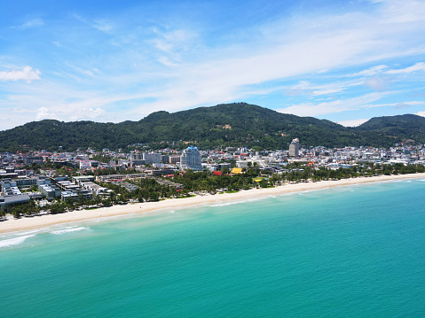 PATONG BEACH PHUKET THAILAND On July 2021. Aerial panoramic view landscape and cityscape view of Patong beach Phuket Thailand.