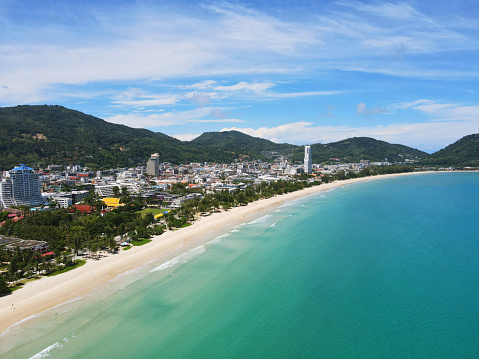 PATONG BEACH PHUKET THAILAND On July 2021. Aerial panoramic view landscape and cityscape view of Patong beach Phuket Thailand.