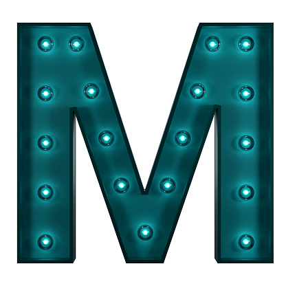 3D Blue Metallic Letter M With Light Bulbs. Alphabet Concept.