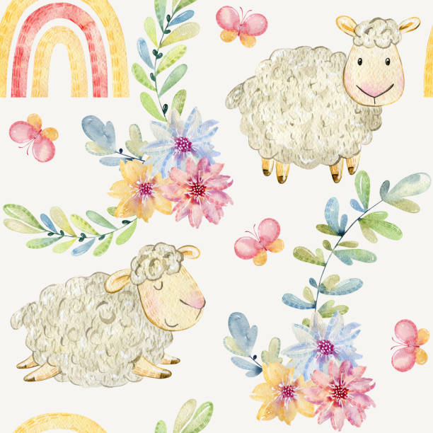 かわいい面白い羊。 - butterfly backgrounds seamless pattern点のイラスト素材／クリップアート素材／マンガ素材／アイコン素材