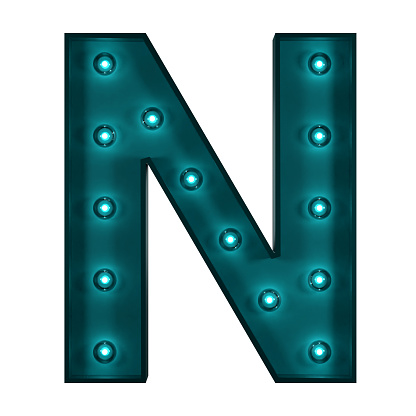 3D Blue Metallic Letter N With Light Bulbs. Alphabet Concept.