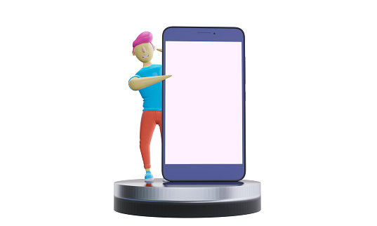 3d render. cute man pointing at the screen of a huge phone