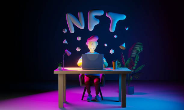 istock 3d render. ugly character works on a laptop and creates nft tokens 1392963193