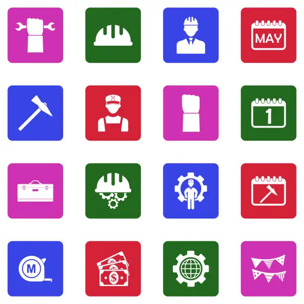 Vector illustration of Labor Day Icons. White Flat Design In Square. Vector Illustration.