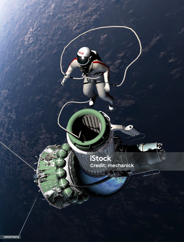 First spacewalk. 3D Illustration. First spacewalk from Voskhod-2 spacecraft. 3d rendering background. 3D illustration Russia Stock Photo