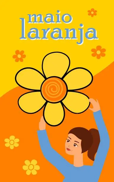 Vector illustration of Maio laranja banner with woman holding daisy flower. May 18 is National Day Against Abuse and Exploitation of Children.