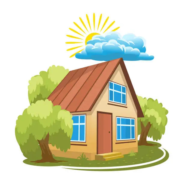 Vector illustration of Summer landscape. House surrounded by trees