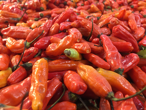 Pile of Red small Chili in the tray. Texture background of red pepper heap.