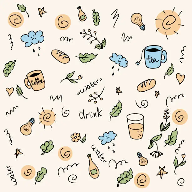 Vector illustration of Vector doodle colorful pattern of drink more water summer theme. Cartoon style. Hand drawn vector illustration. Design for T-shirt, textile and prints.