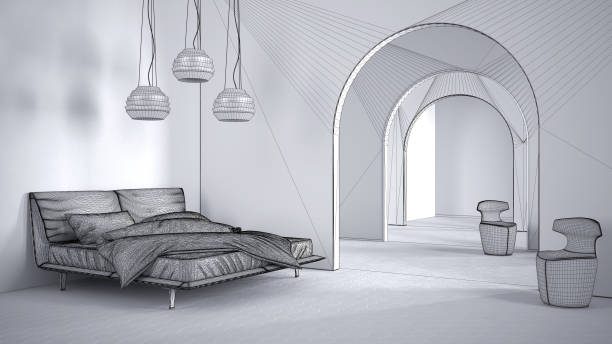 istock Unfinished project draft of classic metaphysics surreal interior design, bedroom with ceramic floor, open space, archway with armchairs, unusual architecture, project idea 1392982672