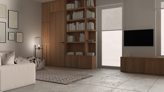 Modern minimalist living room in white tones, concrete tiles, sofa and carpet, floor glass lamp, frame mockup, wooden bookshelf and cabinets, windows, architecture interior design