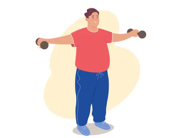 Vector illustration of Young overweight man doing exercises with dumbbells. Concept of healthy lifestyle and sports for weight loss.