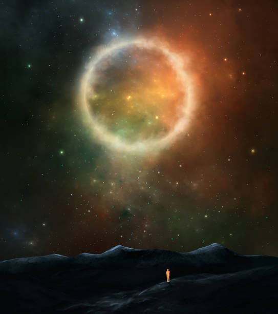 istock Fantasy space background. Colorful nebula with glowing circle and shine character standing on mountain landscape. 3D rendering 1392984176